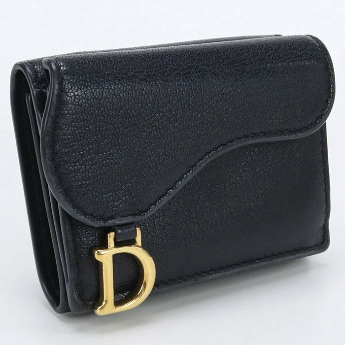 Christian Dior Tri-fold wallet saddle Lotus wallet Grained calfskin,leather black Women