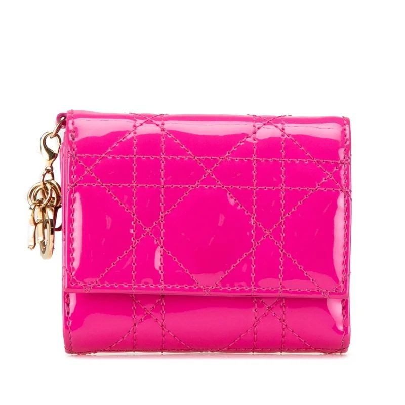 Christian Dior Dior Lady Cannage Compact Wallet Pink Enamel Women's