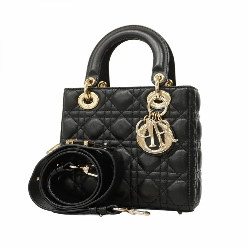 Christian Dior Handbag Cannage Lady Leather Black Champagne Ladies