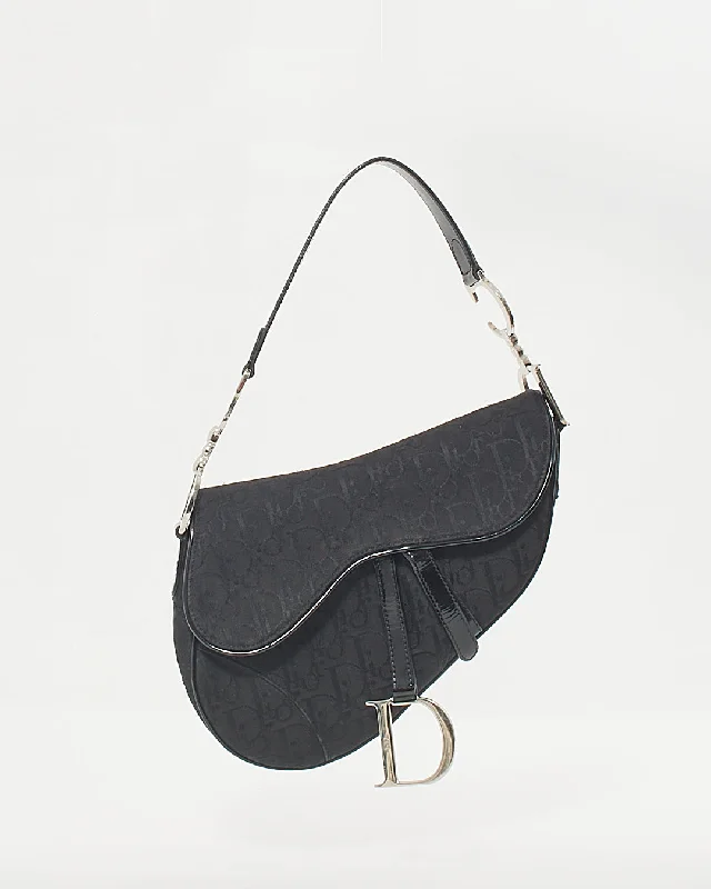 Dior Vintage Black Canvas Oblique Saddle Bag