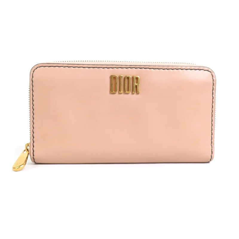 Christian Dior Round Zipper Long Wallet Leather Pink Beige Women's