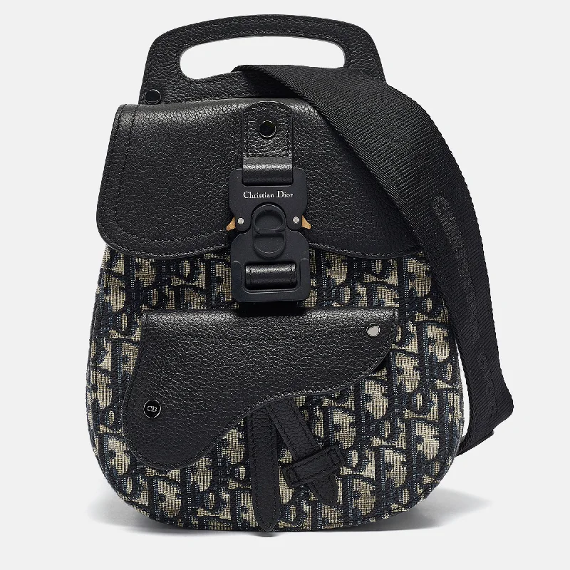 Dior Navy Blue Oblique Canvas And Leather Mini Saddle Backpack