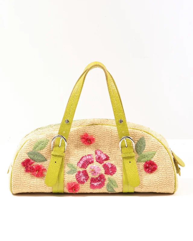 Dior Beige Raffia Flower Bowler Handbag