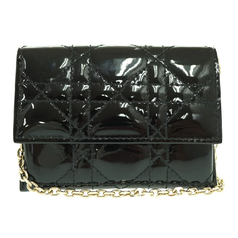 Dior Shoulder Bag Patent leather black Chain Card Case Coin Case Wallet Women Used Authentic