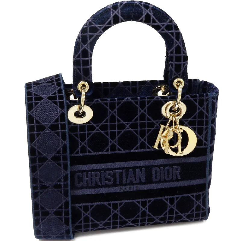 Dior Embroidery Canvas Tote Handbag Navy Gold