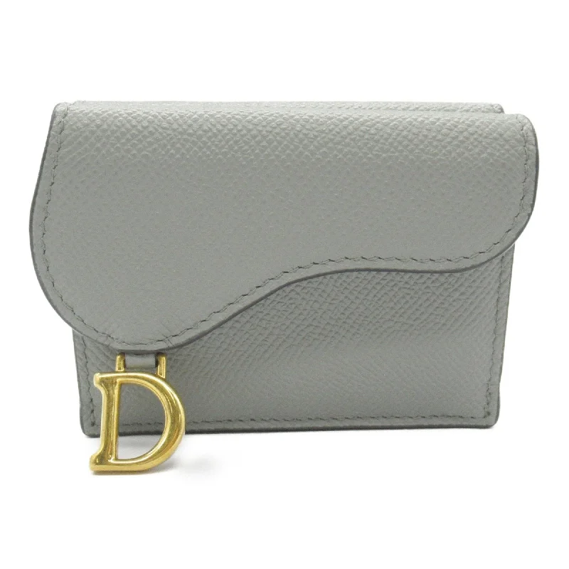 Christian Dior Dior Saddle Tri-fold Wallet Leather Women's Grey