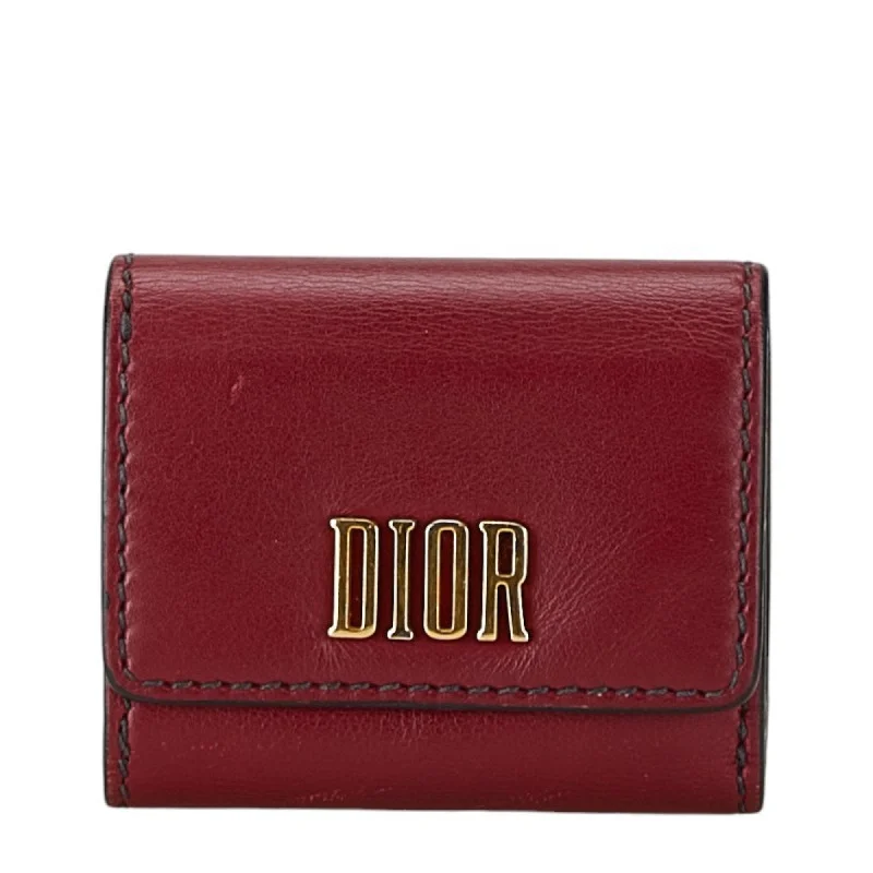 Christian Dior Dior D-FENCE LOTUS Tri-fold Wallet Compact Wine Red Leather Women's