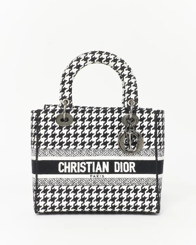 Dior Black & White Houndstooth Embroidered Lady D - Lite Bag