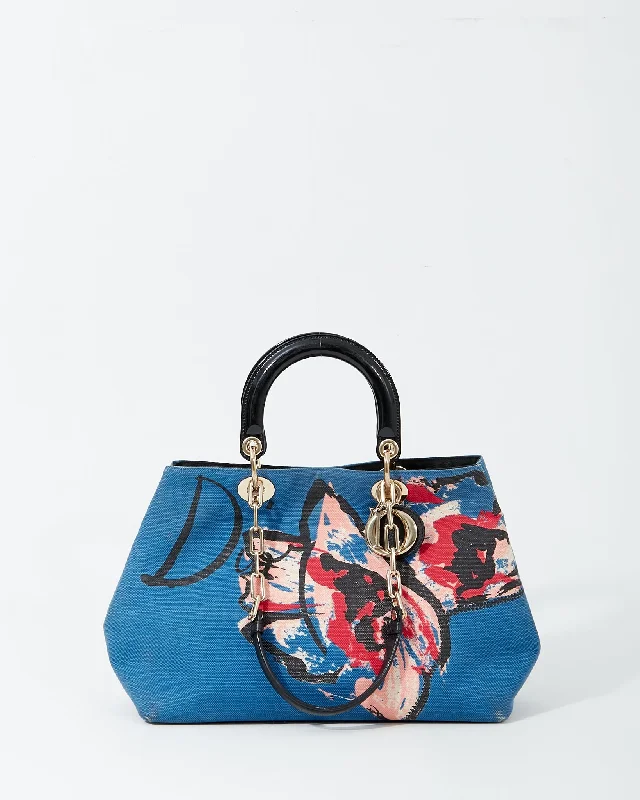 Dior Denim Floral Print Diorissimo Large Tote Bag