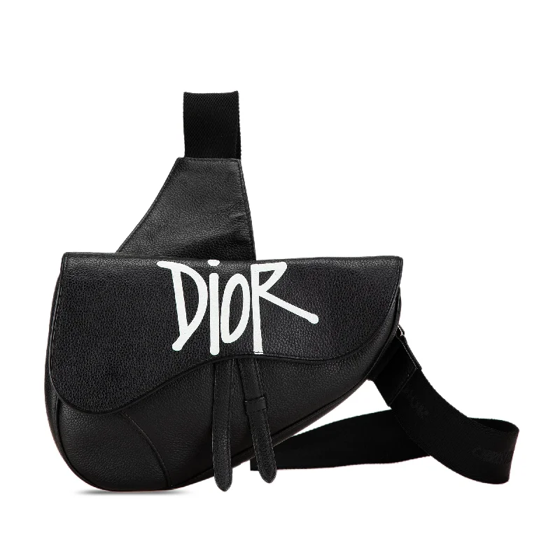 Black Dior Shawn Stussy Grained Calfskin Saddle Crossbody Bag