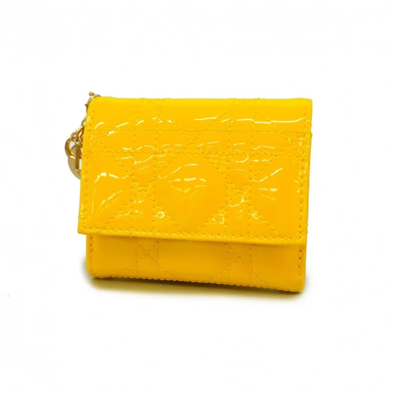 Christian Dior Tri-fold Wallet Cannage Enamel Yellow Champagne Women's