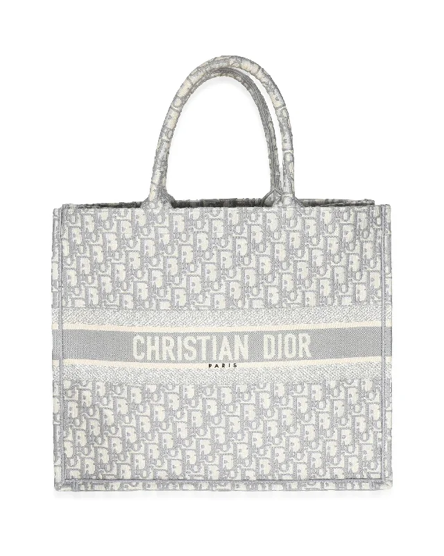 Christian Dior Ecru Gray Dior Oblique Embroidery Large Dior Book Tote