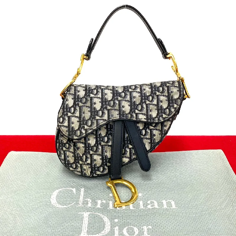 Christian Dior Saddle Bag Leather Canvas Navy