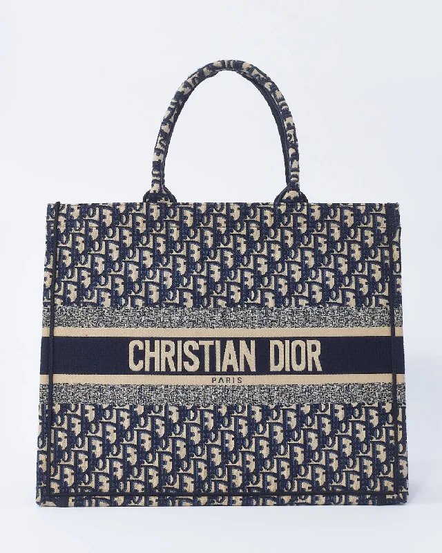 Dior Ecru and Blue Oblique Embroidery Large Book Tote