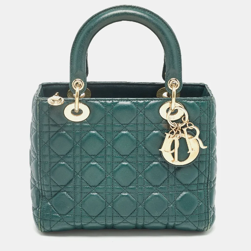 Dior Green Cannage Leather Medium Lady Dior Tote