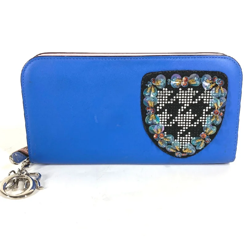 Dior Long Wallet Purse leather blue Long wallet Bijou rhinestone Women Used Authentic