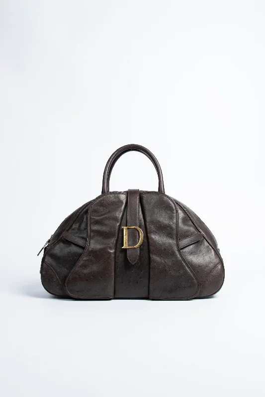 Vintage Christian Dior Brown Ostrich Double Bowling Bag