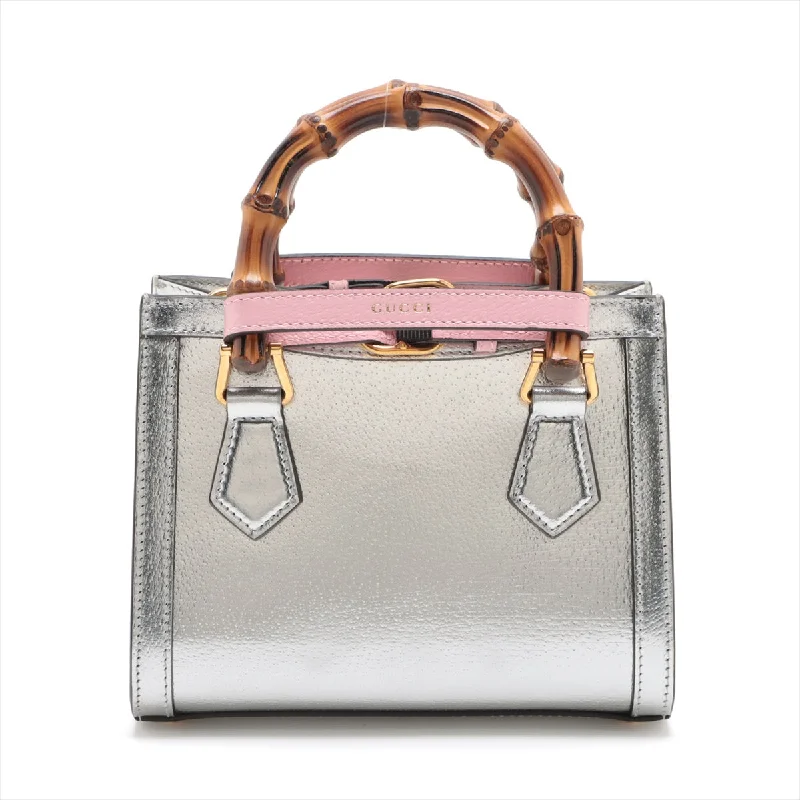 GUCCI Bamboo Diana Handbag in Metallic Leather Silver 702732