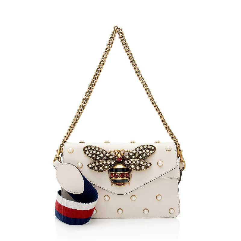 Gucci Calfskin Pearl Bee Broadway Mini Shoulder Bag (SHF-22409)