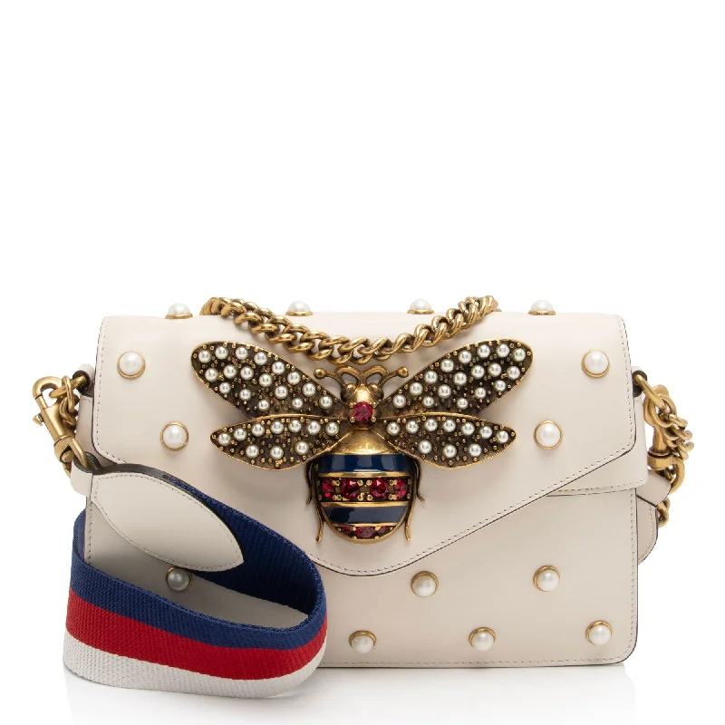 Gucci Calfskin Pearl Bee Broadway Mini Shoulder Bag (SHF-vh1WnC)