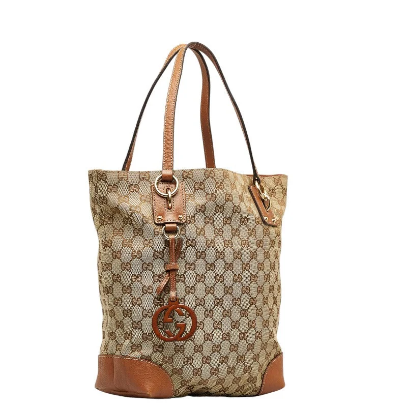 Gucci GG Canvas Bamboo Charm Gold  Shoulder Bag  Bag 247237 Beige Brown Canvas Leather Ladies Gucci