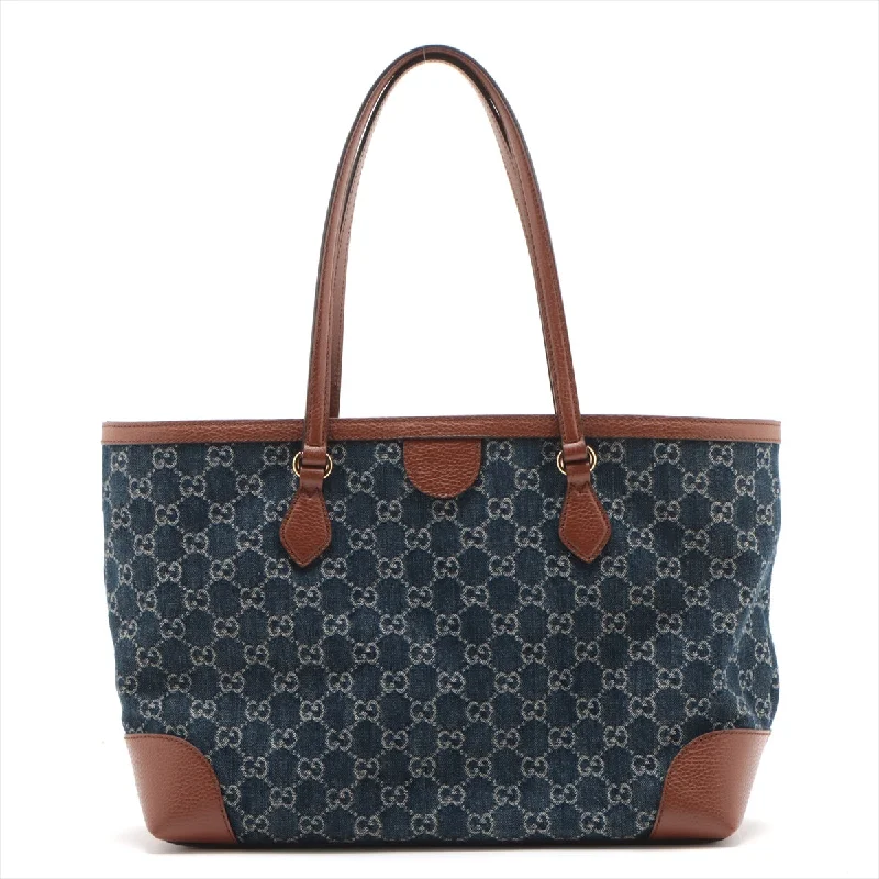 Gucci GG Denim X Leather Tote Bag Navy X Brown 631685