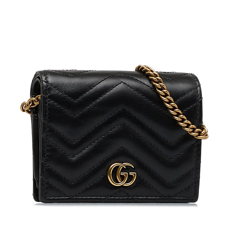 Gucci GG Marmont Quilted Compact Chain Wallet 625693 Black Leather Women's