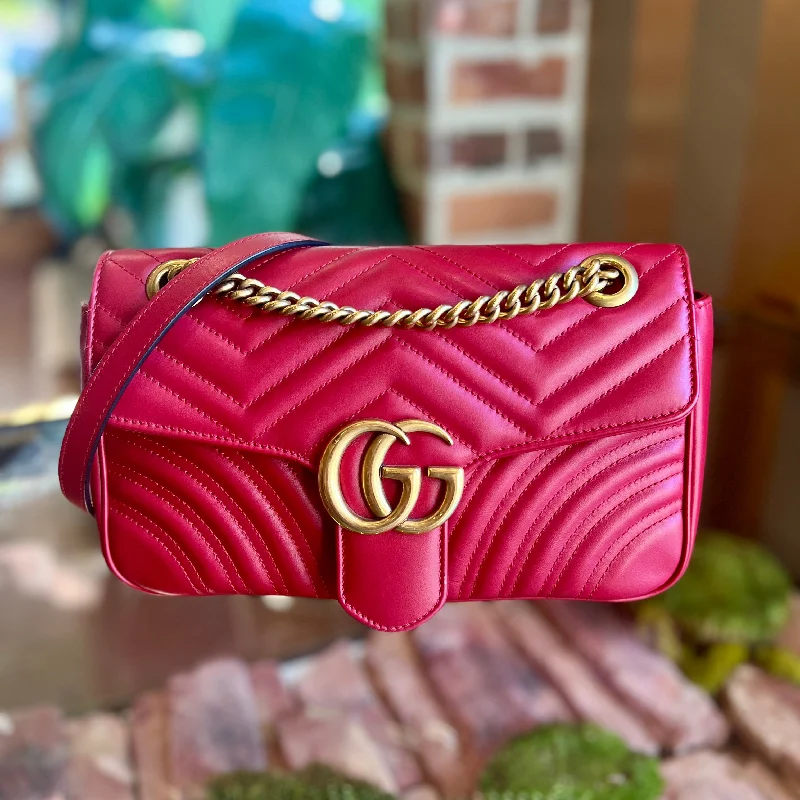 GUCCI Small GG Marmont Hibiscus Red Calfskin Matelasse Shoulder Bag