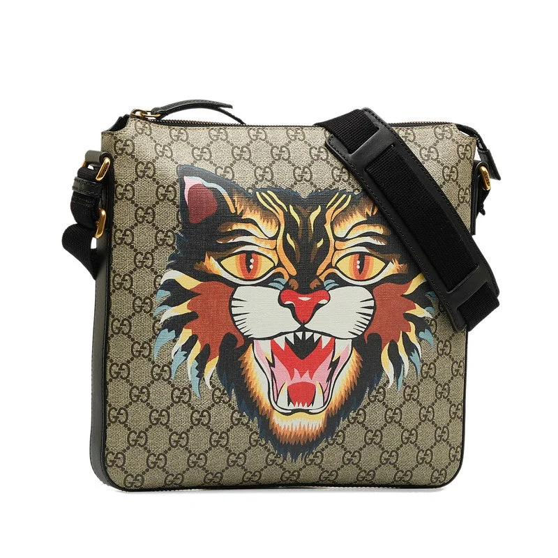 Gucci GG Supreme Angry Cat Shoulder Bag 473886 Beige Black Ladies