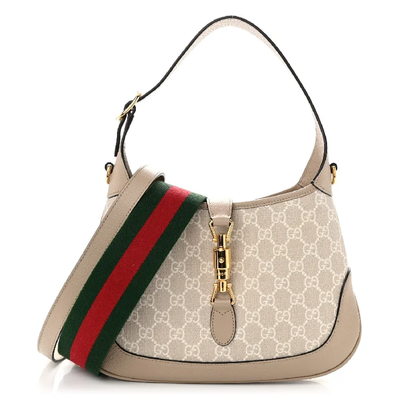 Gucci  GG Supreme Monogram Textured Dollar Calfskin Web Small Jackie 1961 Hobo Beige Mystic White Oatmeal