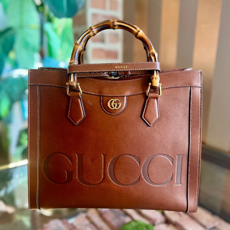 GUCCI Diana Medium Brown Leather Bamboo Top Handle Tote Bag