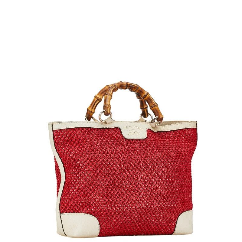 Gucci Mesh Bamboo Handbag Tote Bag 338965 Red Ivory Straw Leather  Gucci