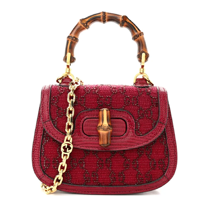 Gucci  Moire Fabric Calfskin Rhinestone Monogram Monochrome Lizard Embossed Mini Bamboo 1947 Top Handle Chain Bag Red