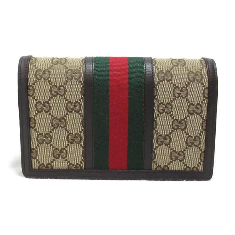 Gucci Shoulder Wallet Shoulder Bag Leather Linen  Beige Dark Brown 409439