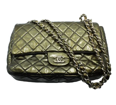 2008 Chanel Classic Jumbo Quilted Patent Leather Rare Olive Green Handbag Purse