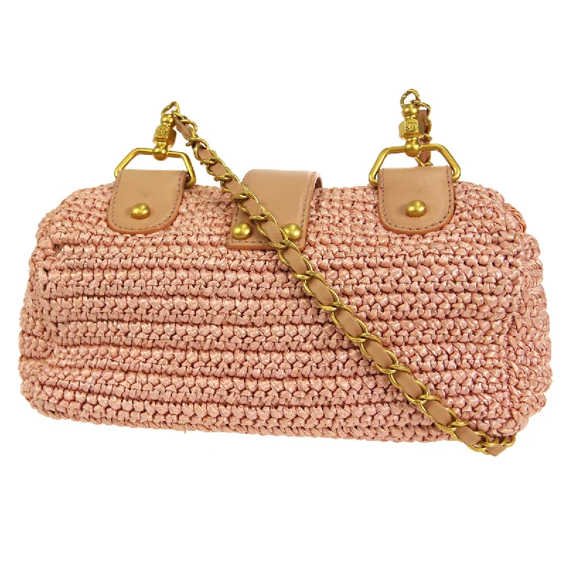 CHANEL 2005-2006 Woven Crossbody Bag Medium Pink Raffia Straw