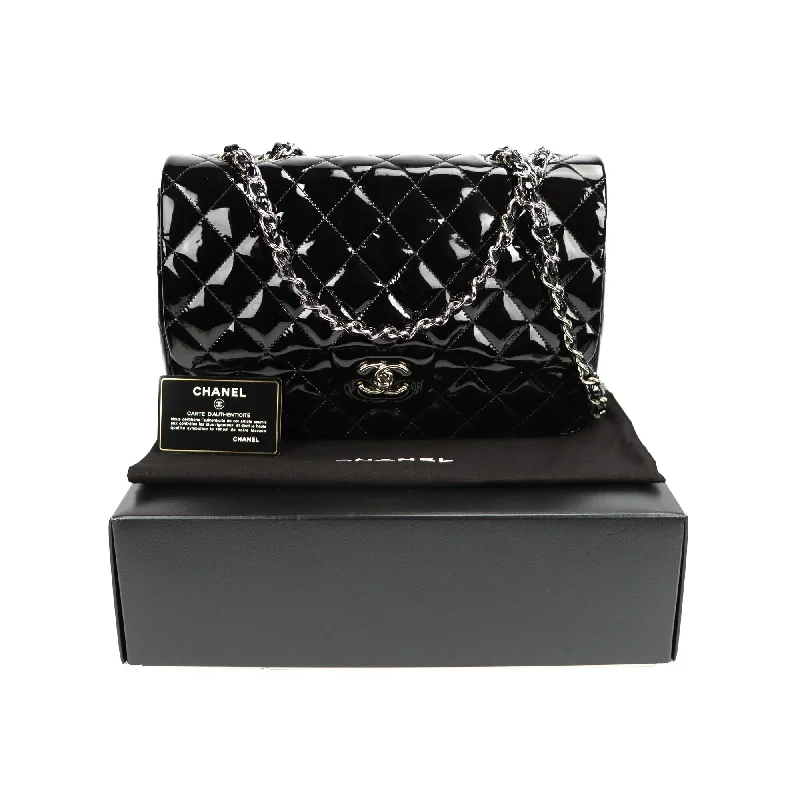 SALE Chanel Classic Single Flap Jumbo Black Patent Leather Silver