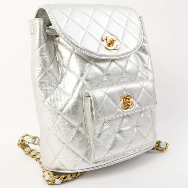 Chanel Around 1992 Made Double Turn-Lock Backpack Silver