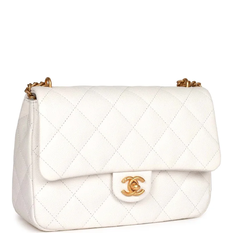 Chanel Large Single Flap White Caviar Leather Antique Gold Hardware