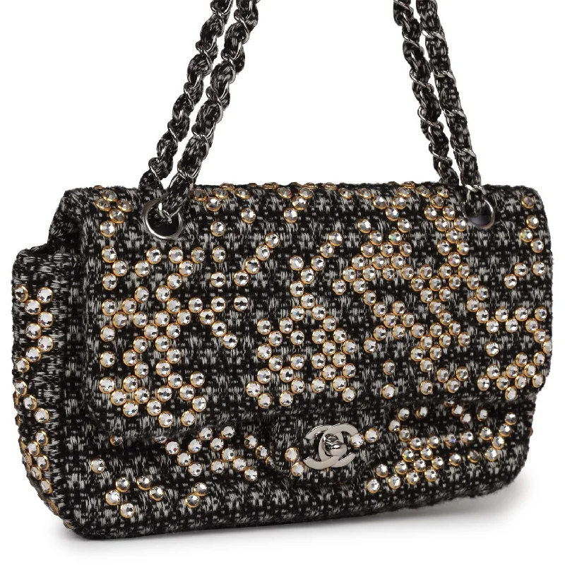 Chanel Medium Single Flap Black and White Tweed With Crystals Silver Hardware