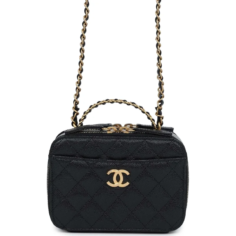 Chanel Mini Pick Me Up Top Handle Vanity Case Black Caviar Brushed Gold Hardware