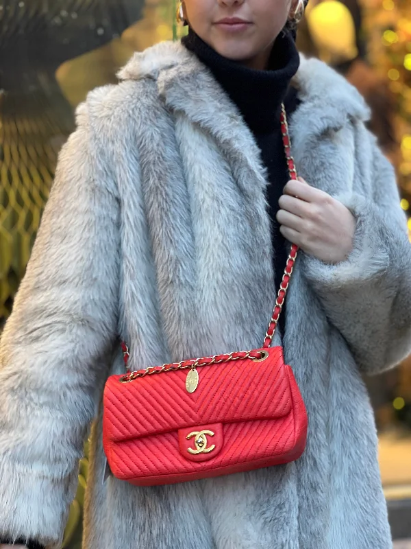 Chanel Red Chevron Leather Single Flap