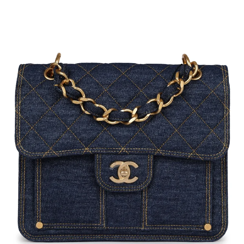 Chanel Square Flap Backpack Blue Denim Antique Gold Hardware