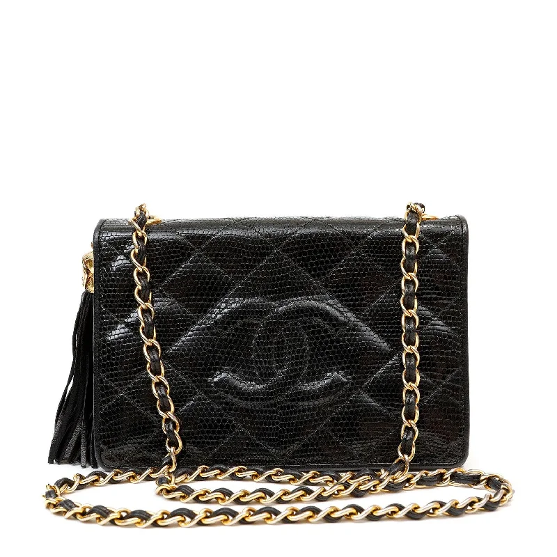 Chanel Vintage Black Lizard Crossbody Tassel Bag