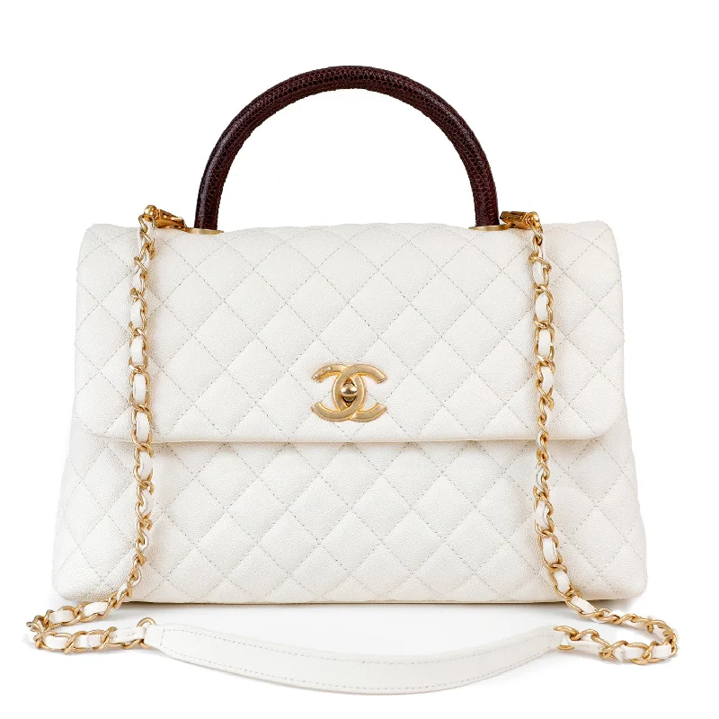 Chanel White Caviar Coco Bag w/ Lizard Skin Handle & Gold Hardware