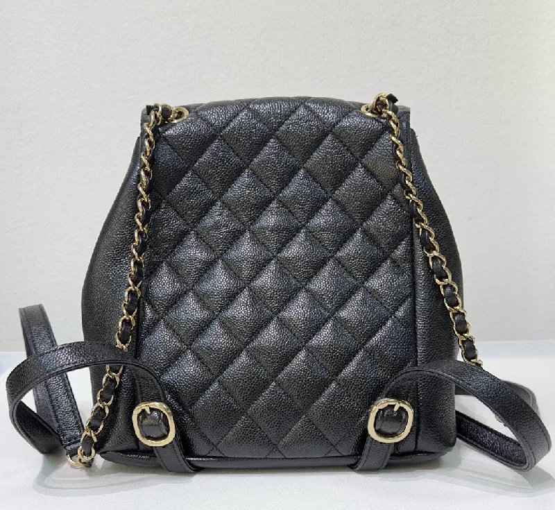 Chanel 23P Small Shiny Caviar Quilted Duma Pockets Drawstring Backpack Black GHW